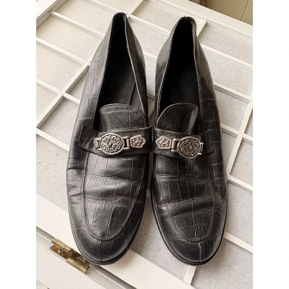 VTG‎ Vero Cuoio Black Croc Embossed Italian Leather Loafers Silver Buckle Sz 9M